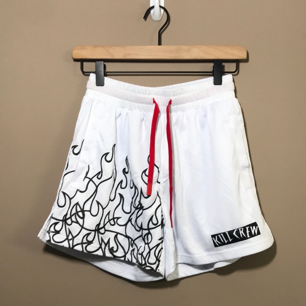 🏇Kill Crew White Women's Shorts with Black Flame Design
